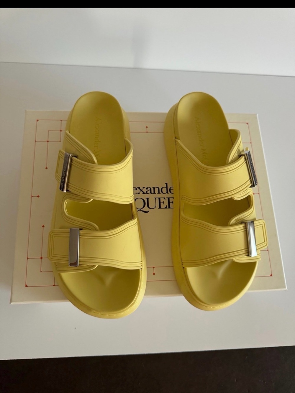 Alexander McQueen Lemon Yellow Double-Buckle Slide Sandals